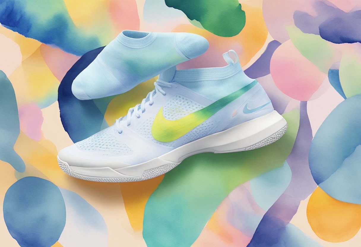 A pair of Nike tennis socks placed next to a Nike branding logo, representing the brand and sports culture