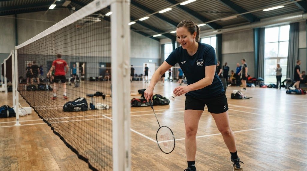 Badmintonspiller server lavt i taljehøjde med nedadpegende ketsjerhoved — som den danske serveregel kræver