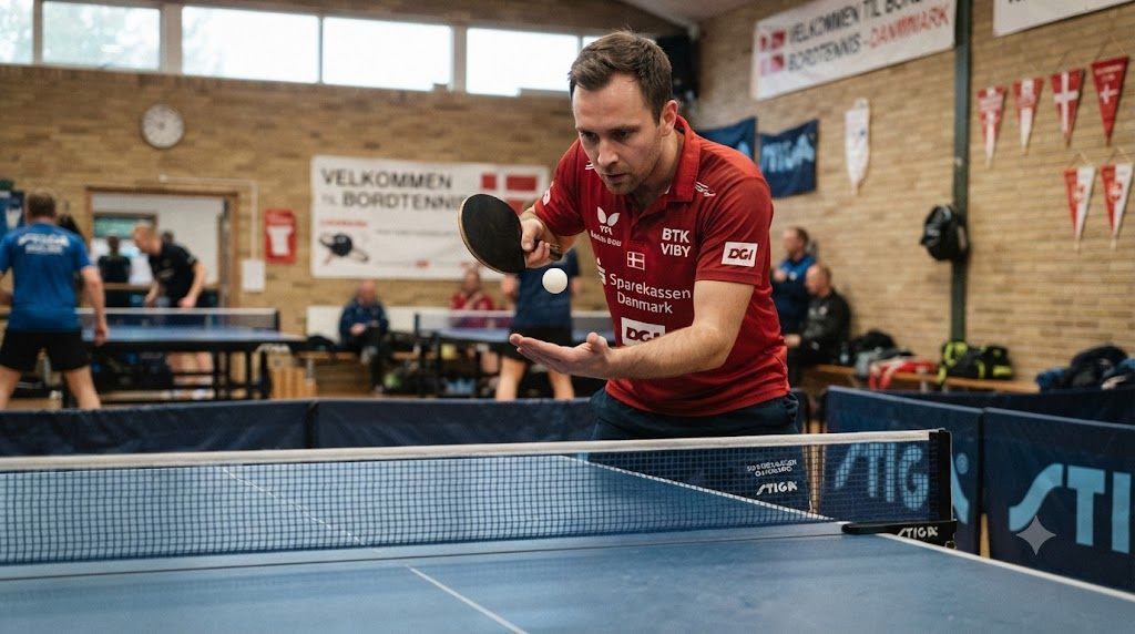 Bordtennisspiller server med bolden liggende i den åbne håndflade — som ITTF-reglerne kræver