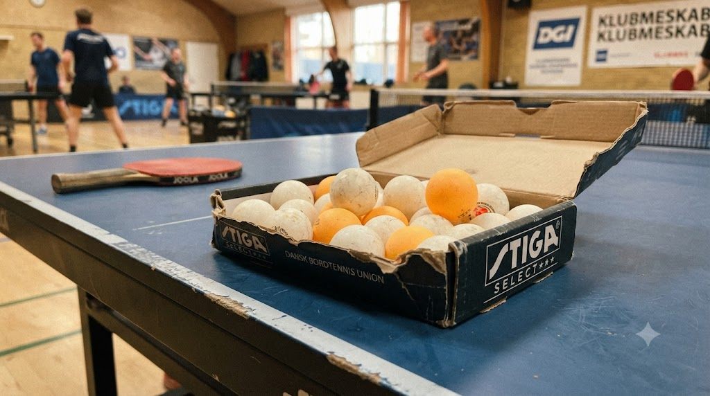 Æske med hvide og orange bordtennisbolde på bordkant i klubhal