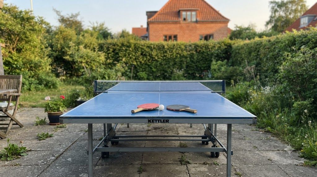 Udendørs bordtennisbord på terrasse i dansk villahave