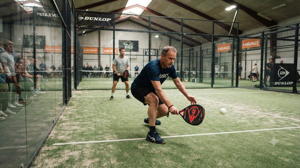 Padelspiller udfører underhåndsserv bag servelinjen — bolden rammes under hoftehøjde som padelreglerne kræver