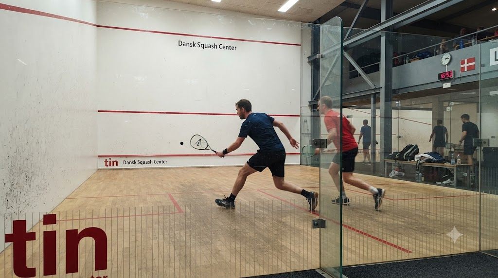 To squashspillere i en duel — tin-markeringen nederst på frontvæggen er tydelig