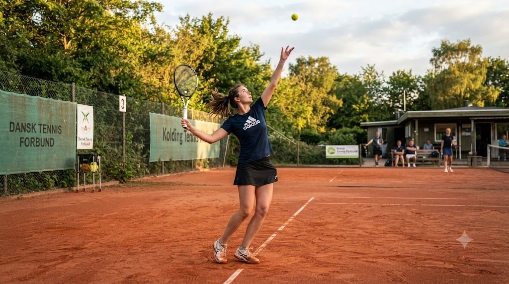 Tennisspiller i servebevægelsen med begge fødder bag baglinjen på dansk grusbane