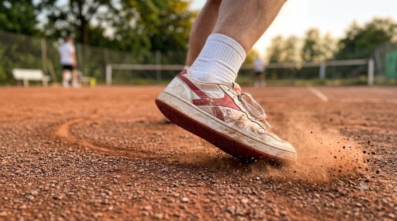Tennissko glider på grusbane med grus-støv omkring sålen